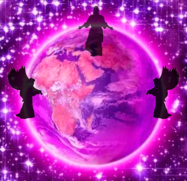 El mundo envuelto en violeta con Metatron, Sandalfon y Mashiah